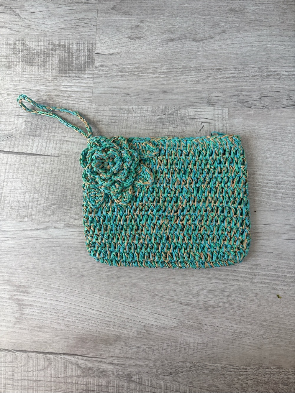 Capelli of New York Teal Braided Floral Wristlet Clutch